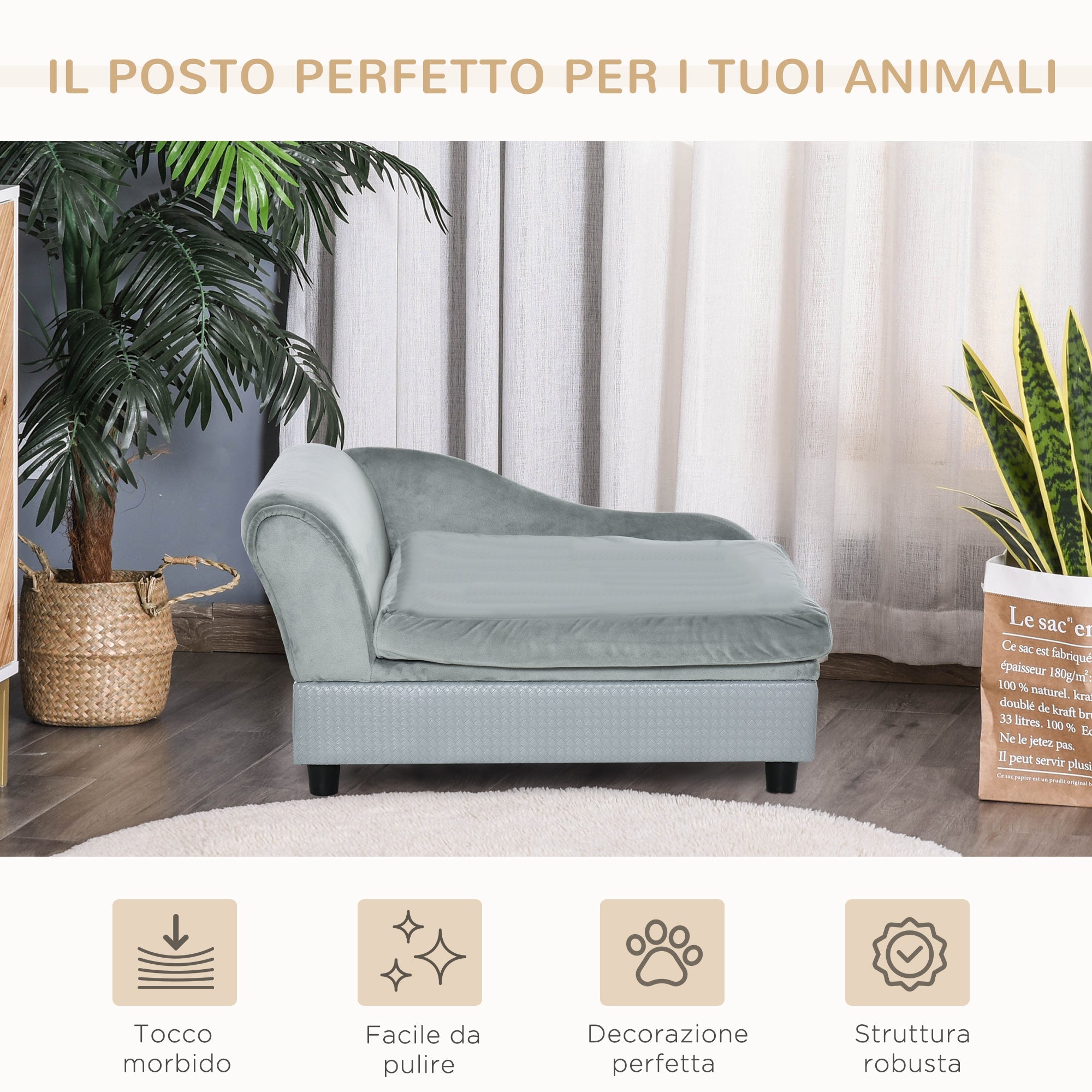 Cuccia Divanetto per Cani con Spazio Portaoggetti e Cuscino 76x45x43 cm Grigio Chiaro