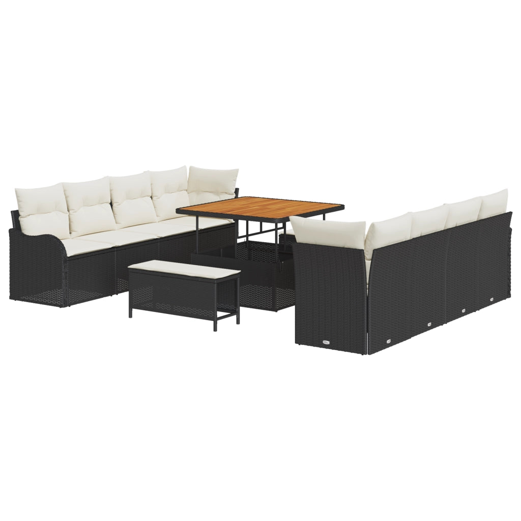 Set Divano da Giardino 11 Pezzi con Cuscini Nero Polirattan Acacia