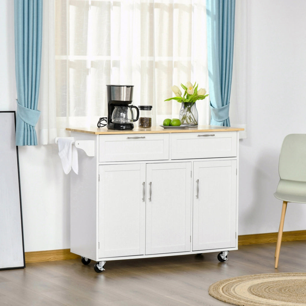 Carrello da Cucina Multiuso in Legno con 2 Cassetti, 3 Antine e 4 Ruote 121x46x91cm - Bianco