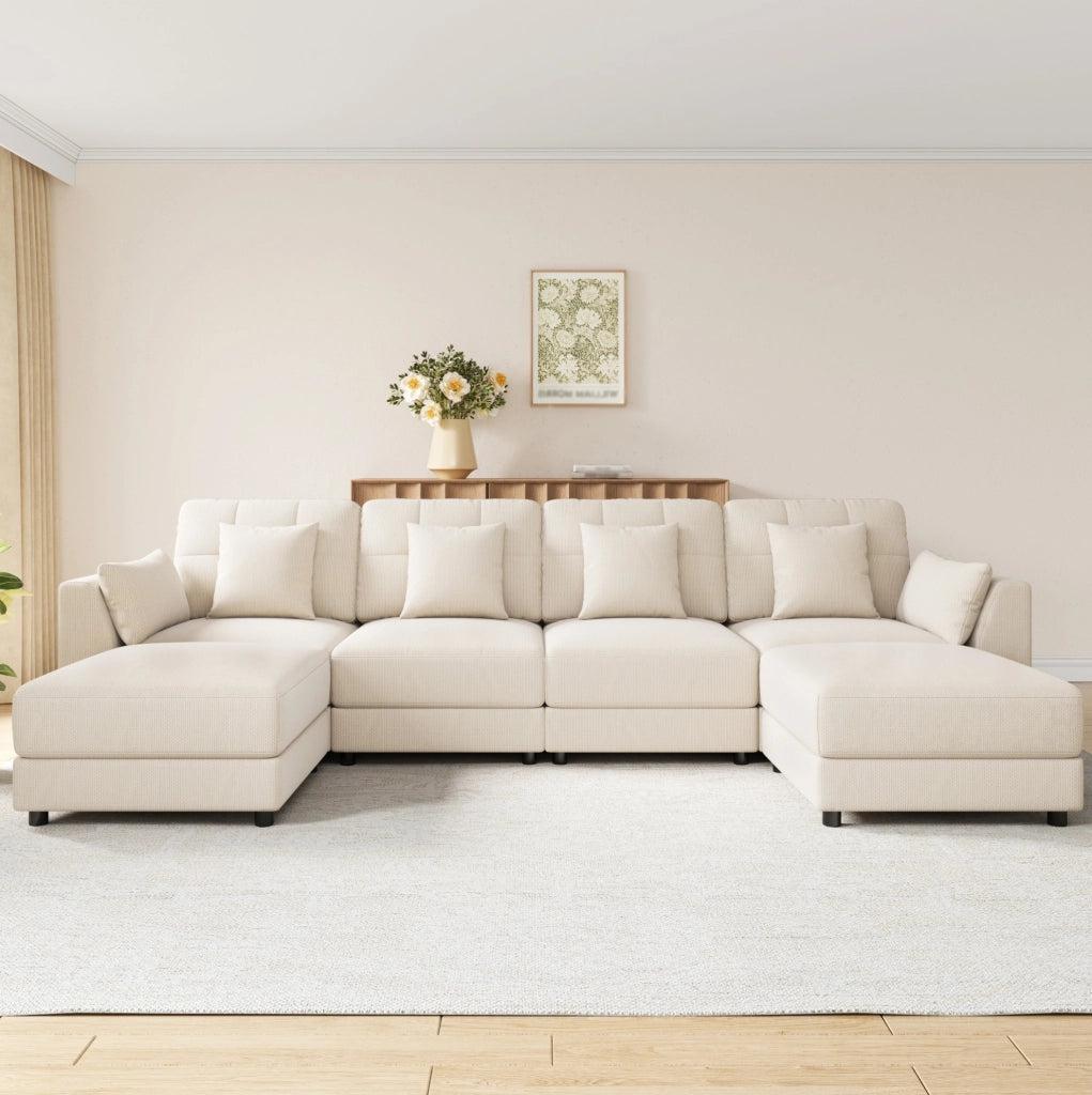 Sofa modulare U/L in chenille beige con LED; 2 pouf mobili e tavolino ribaltabile