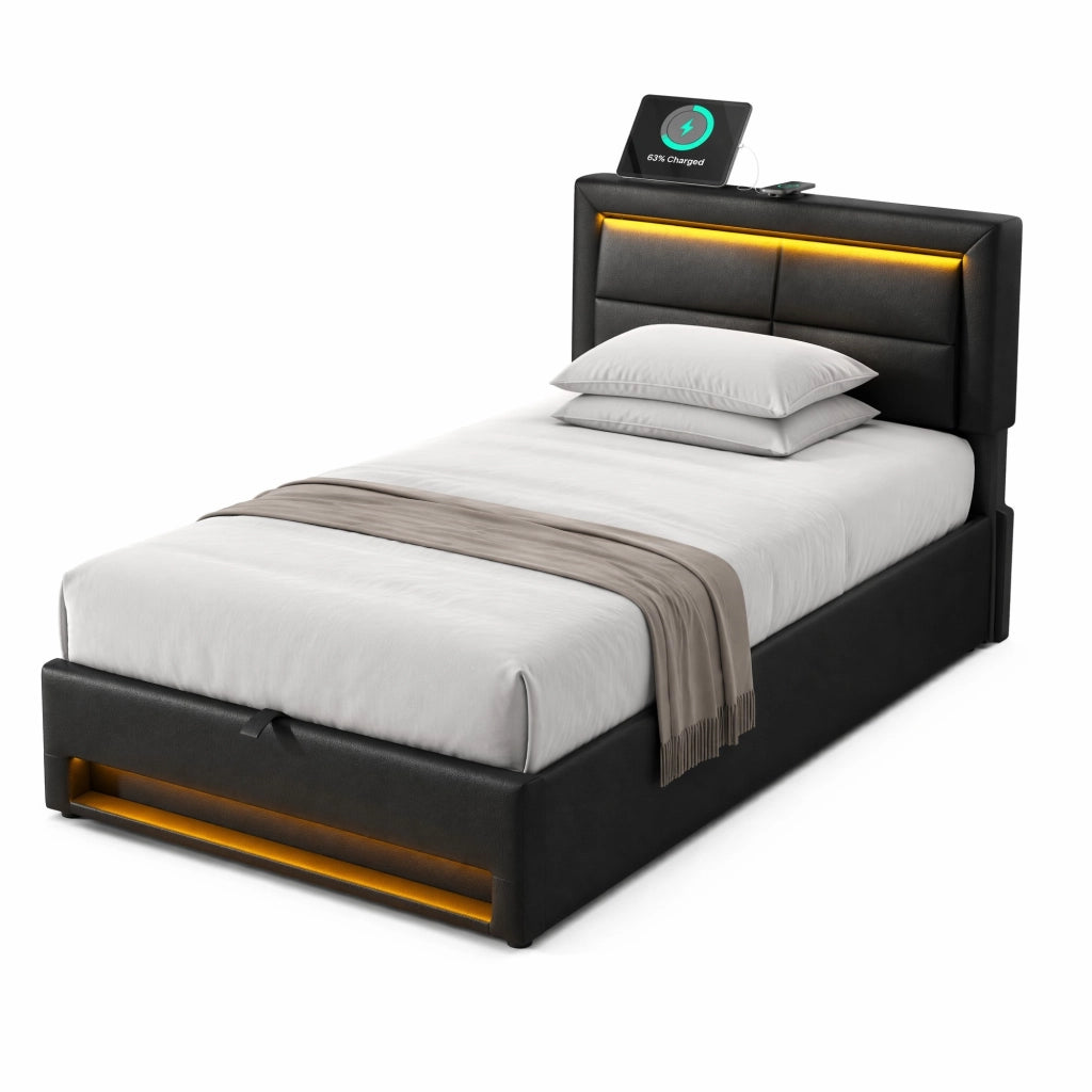 Letto imbottito 90x200 cm in PU nero con USB; LED e contenitore