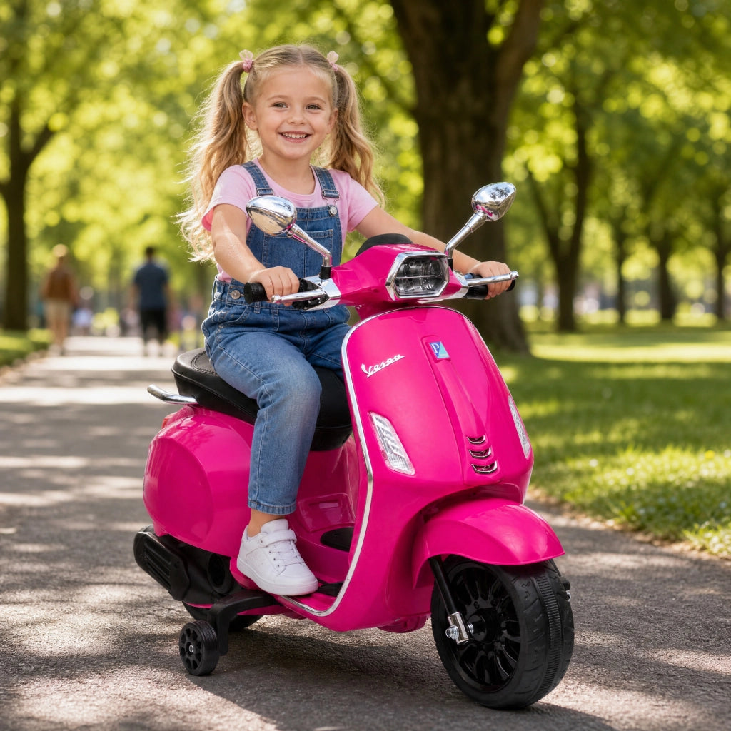 Moto Elettrica per Bambini 107x47x73 cm Licenza Vespa con Rotelle Fanale e Musica in PP e Metallo Rosa