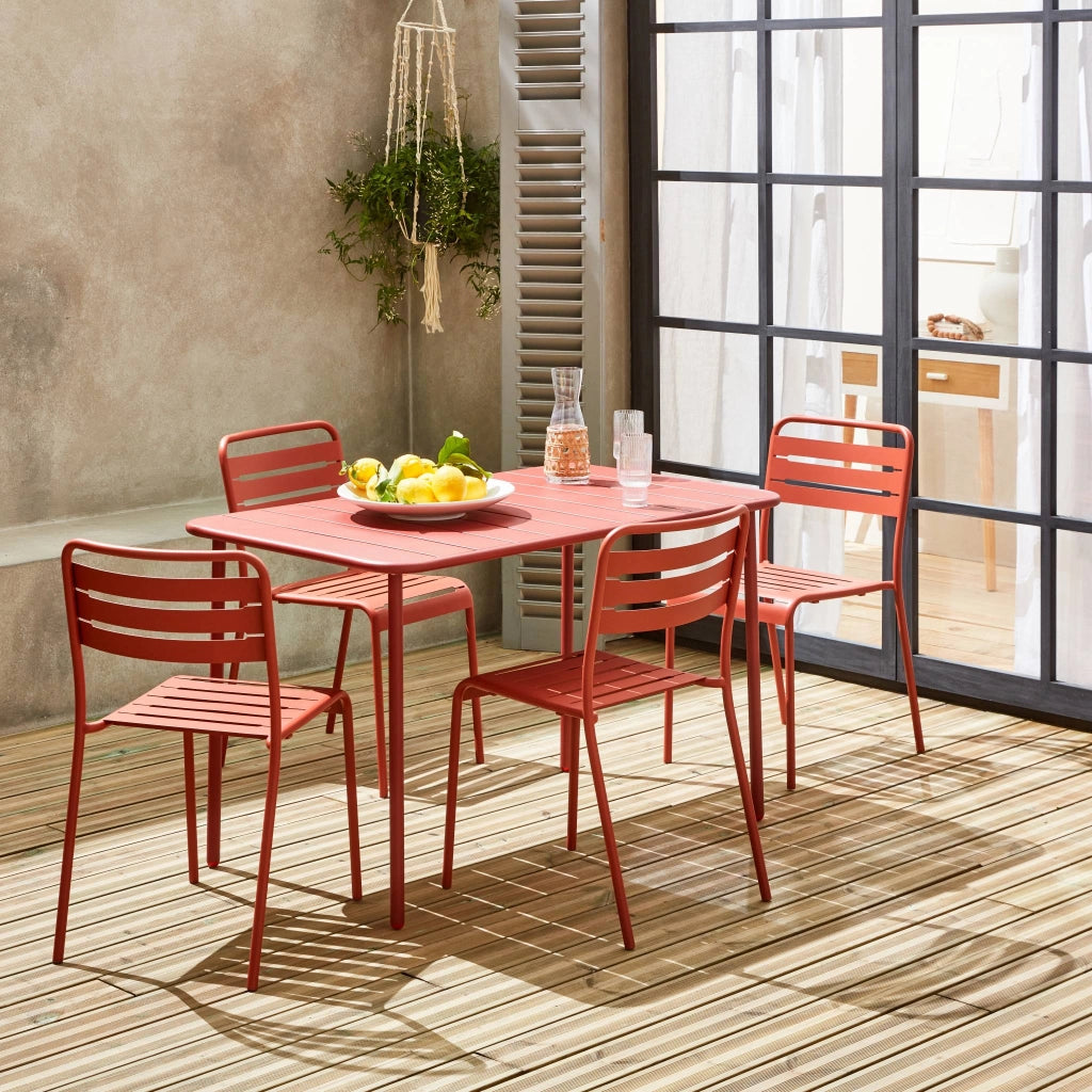 Set tavolo da giardino in acciaio con 4 sedie, 120cm, terracotta