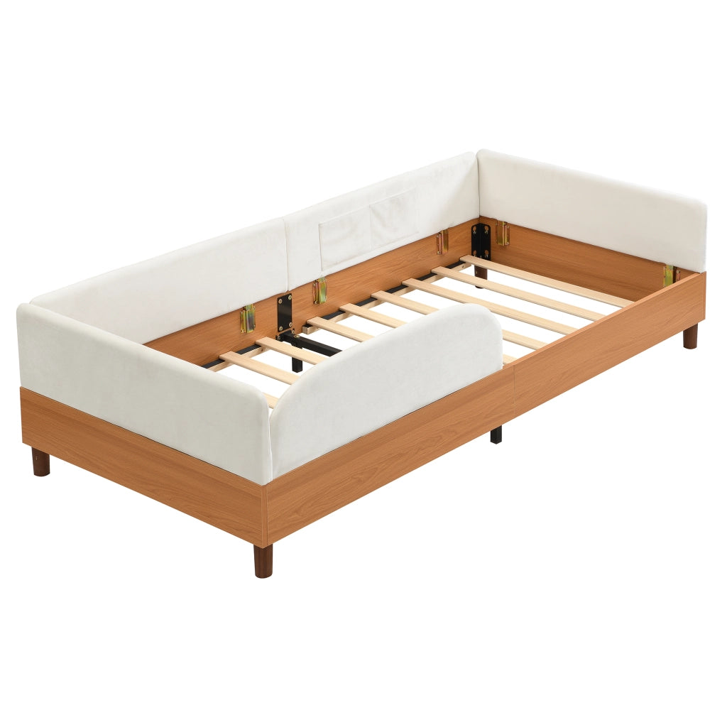 Letto con Sponda 90x200 cm; Letto Singolo - 2 Tasche - Velluto - Bianco e Naturale