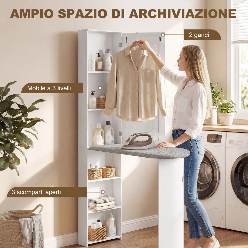 Mobile Asse da Stiro Pieghevole 107x35x174 cm a 6 Ripiani con Specchio e 2 Ganci in Legno e Poliestere Bianco