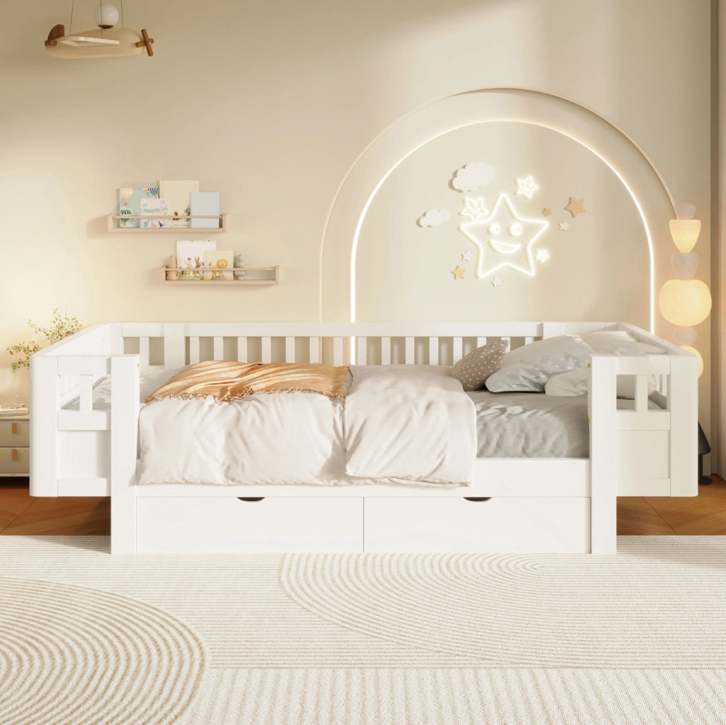 Letto pedana per bambini 90x200 cm con sponde alte e due grandi cassetti, bianco