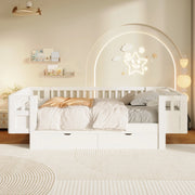 Letto pedana per bambini 90x200 cm con sponde alte e due grandi cassetti, bianco