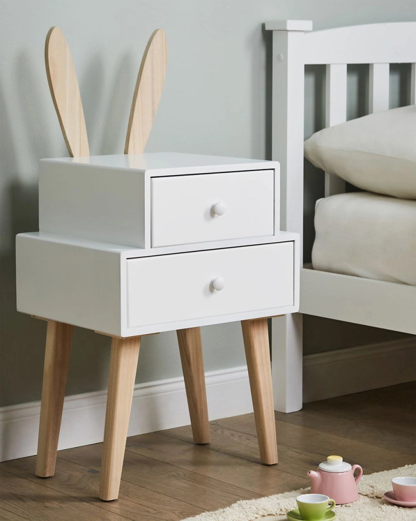 Comodino Comodino in legno chiaro 2 cassetti per bambini tema animali con orecchie