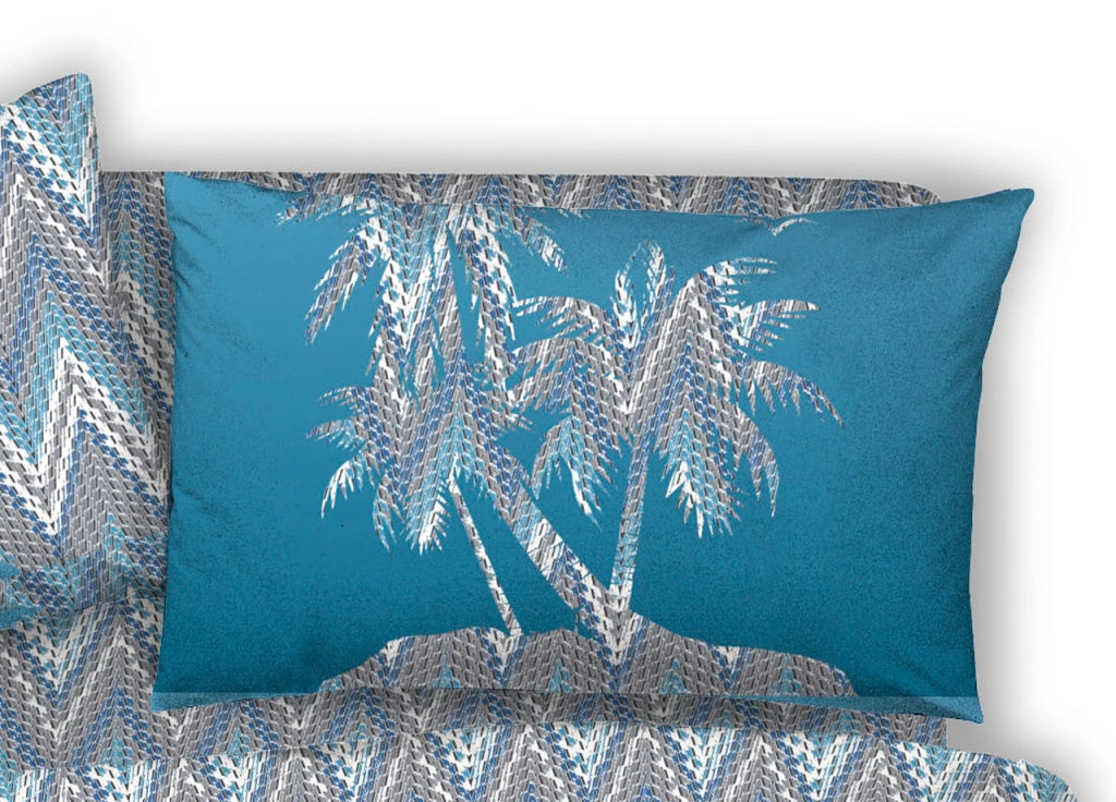 Copripiumino Sacco Piumone Pensieri Delicati 100% Cotone Disegno Palma - Singolo - Azzurro