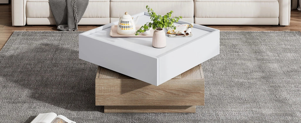 TAVOLINO Rotante 60x60x38 cm Bianco e Noce con 2 cassetti