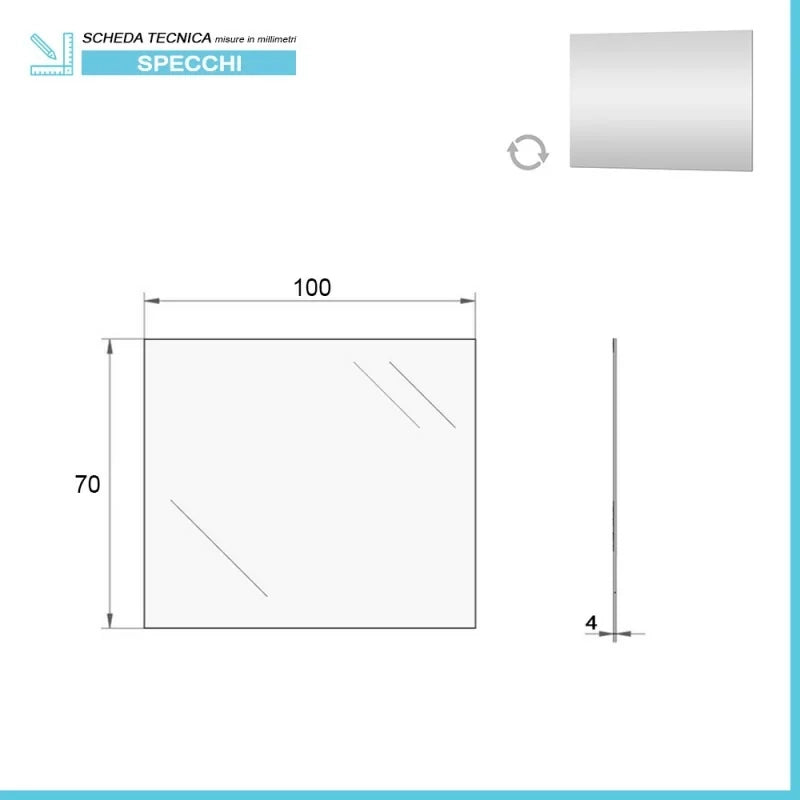 Specchio bagno 100x70 cm a filo lucido con installazione reversibile
