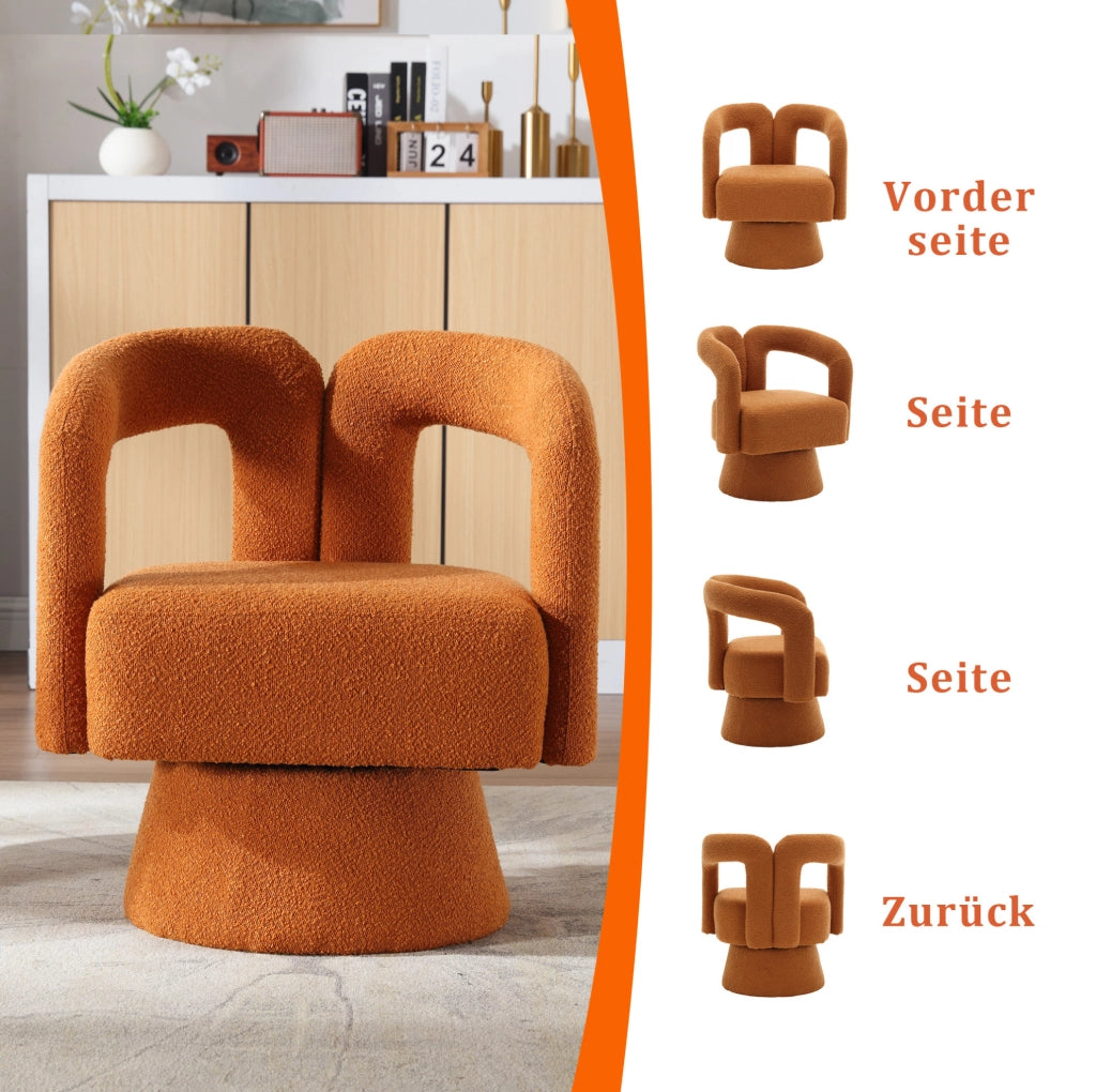 Poltrona girevole 360° in bouclé arancione; 67x55x74 cm; con base in metallo
