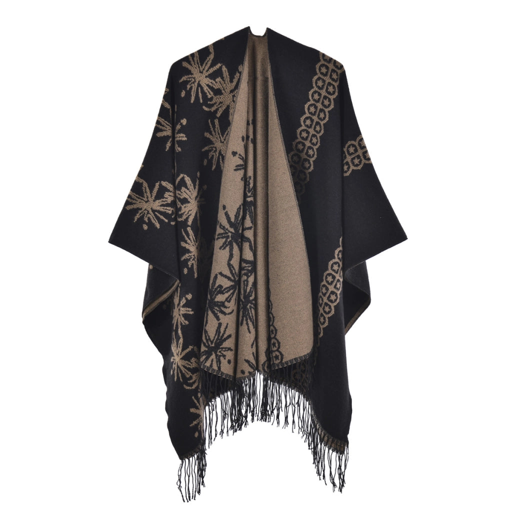 Mantella da donna double face con nappe, extra large e spessa, con spacchi, sciarpa lavorata a maglia alla moda e calda