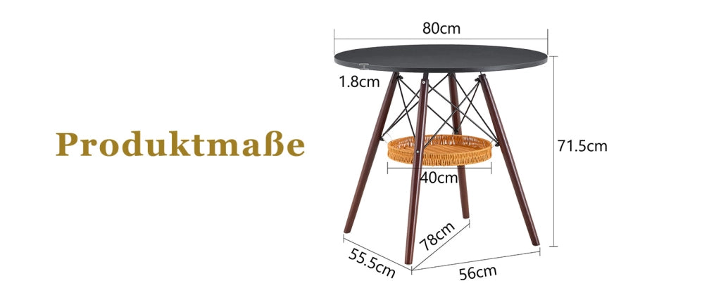 Tavolo da pranzo - rotondo Ø80 cm - MDF nero - gambe in noce massello - cesto intrecciato sospeso