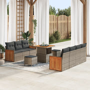 Set da giardino  da 10 pezzi con cuscini grigio polirattan e acacia
