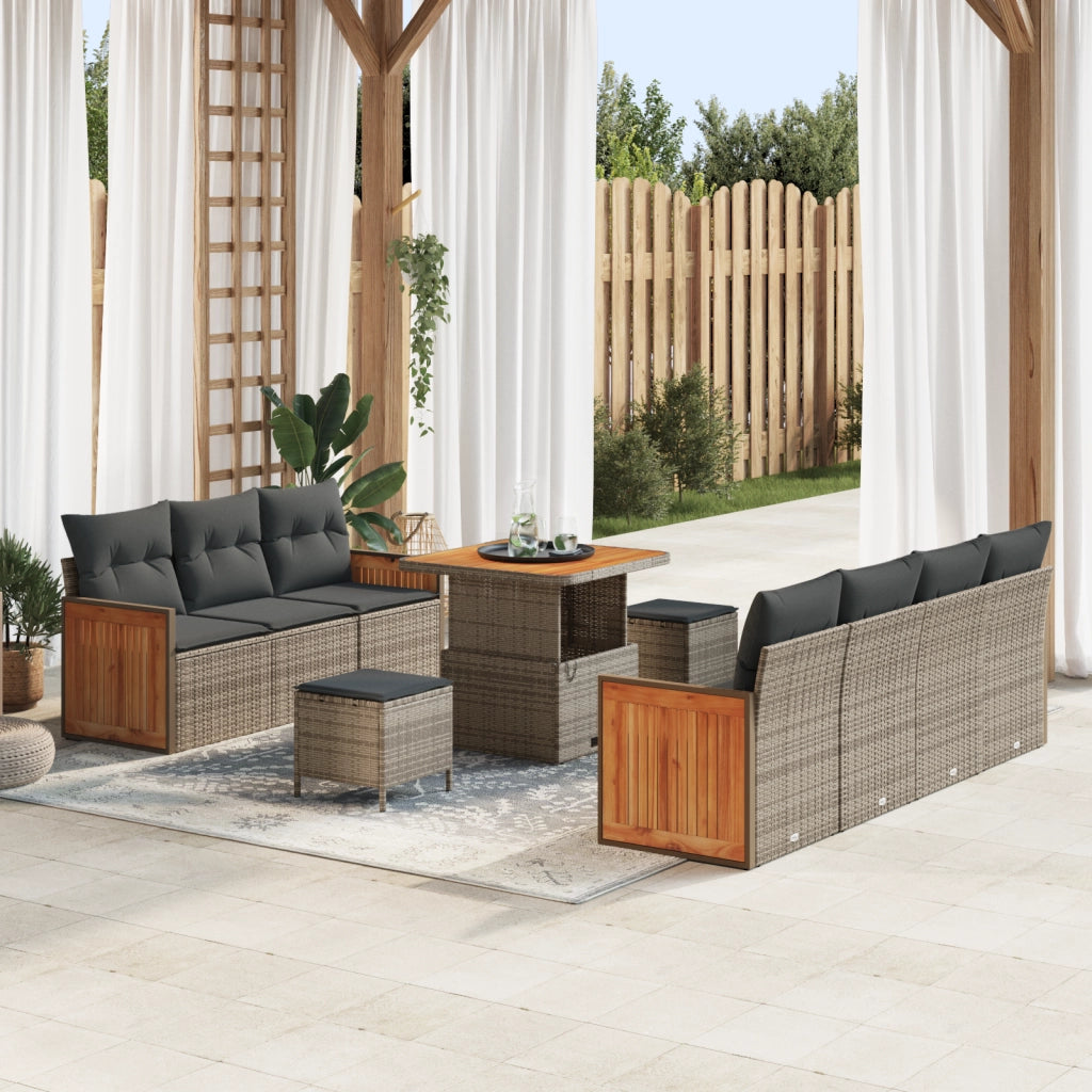 Set da giardino  da 10 pezzi con cuscini grigio polirattan e acacia