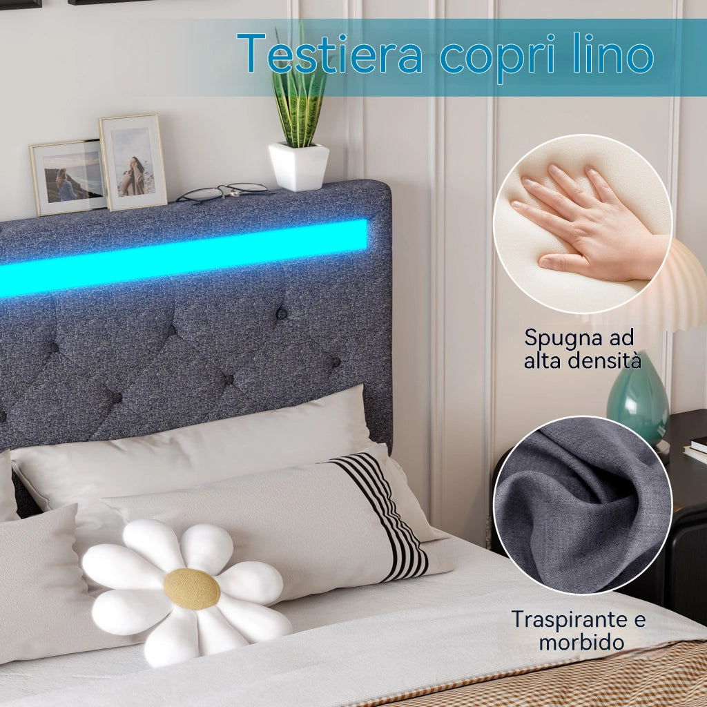 Letto matrimoniale contenitore 160x200 cm con testiera regolabile LED e porte USB struttura letto con 4 cassetti in legno lino grigio