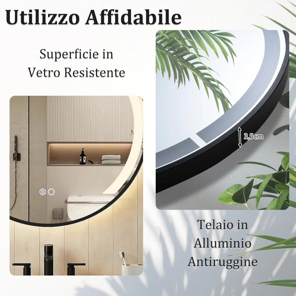 Specchio da Bagno LED Rotondo da 60 Cm, Specchio da Toeletta con Cornice in Alluminio, Funzione Antifog, 3 Colori di Luce e Luminosità Regolabile, Specchio Smart da Montare a Parete