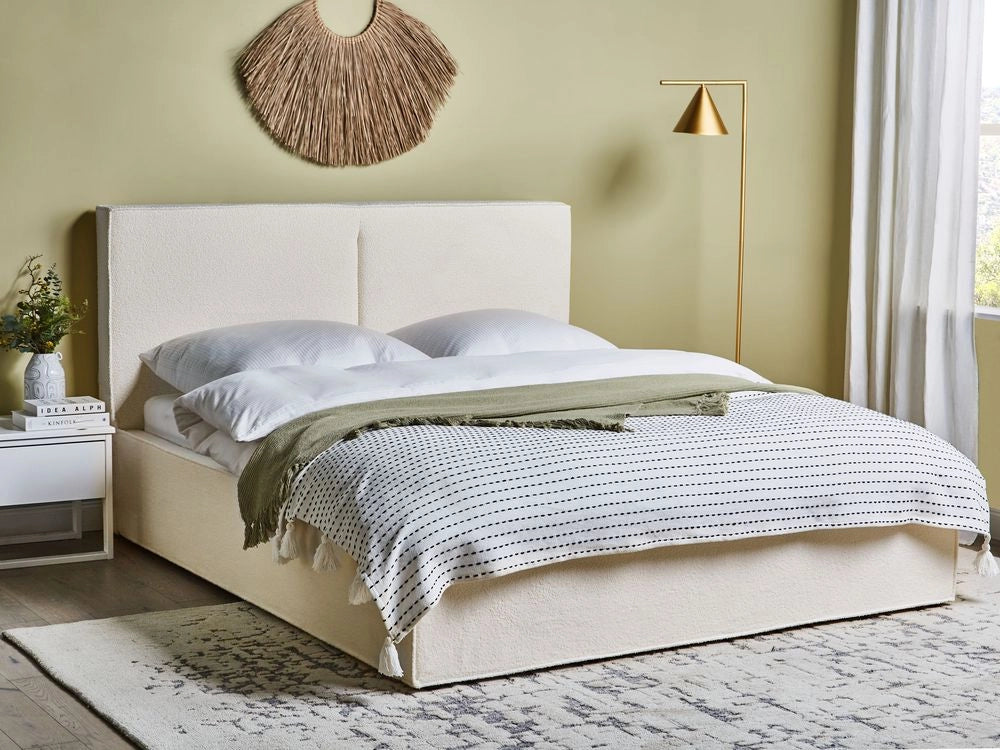 Letto king size 160 x 200 cm Bianco Sporco Rivestimento in bouclé Ottomana di contenitore Telaio a doghe Camera da letto moderna contemporanea