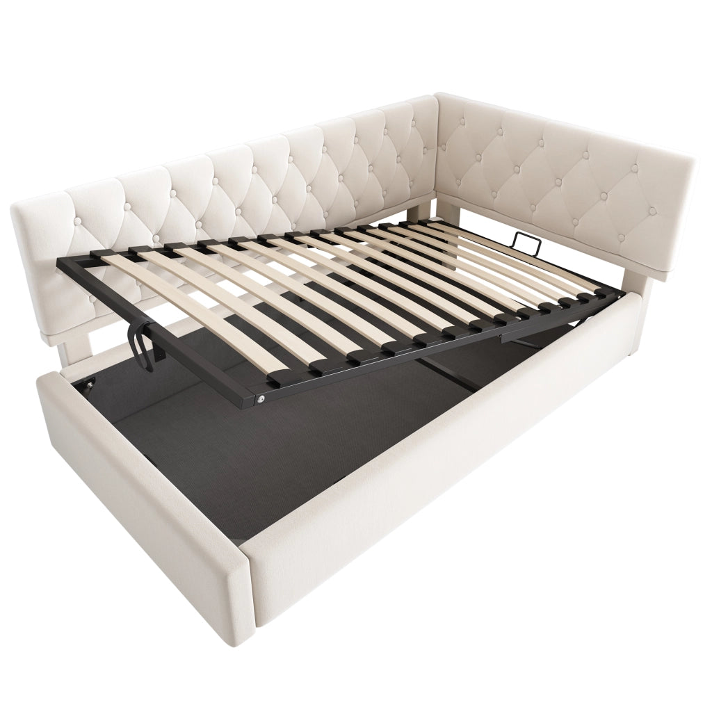 Letto giorno 90x190 cm in velluto beige con contenitore idraulico, struttura in metallo e rete a doghe, senza materasso
