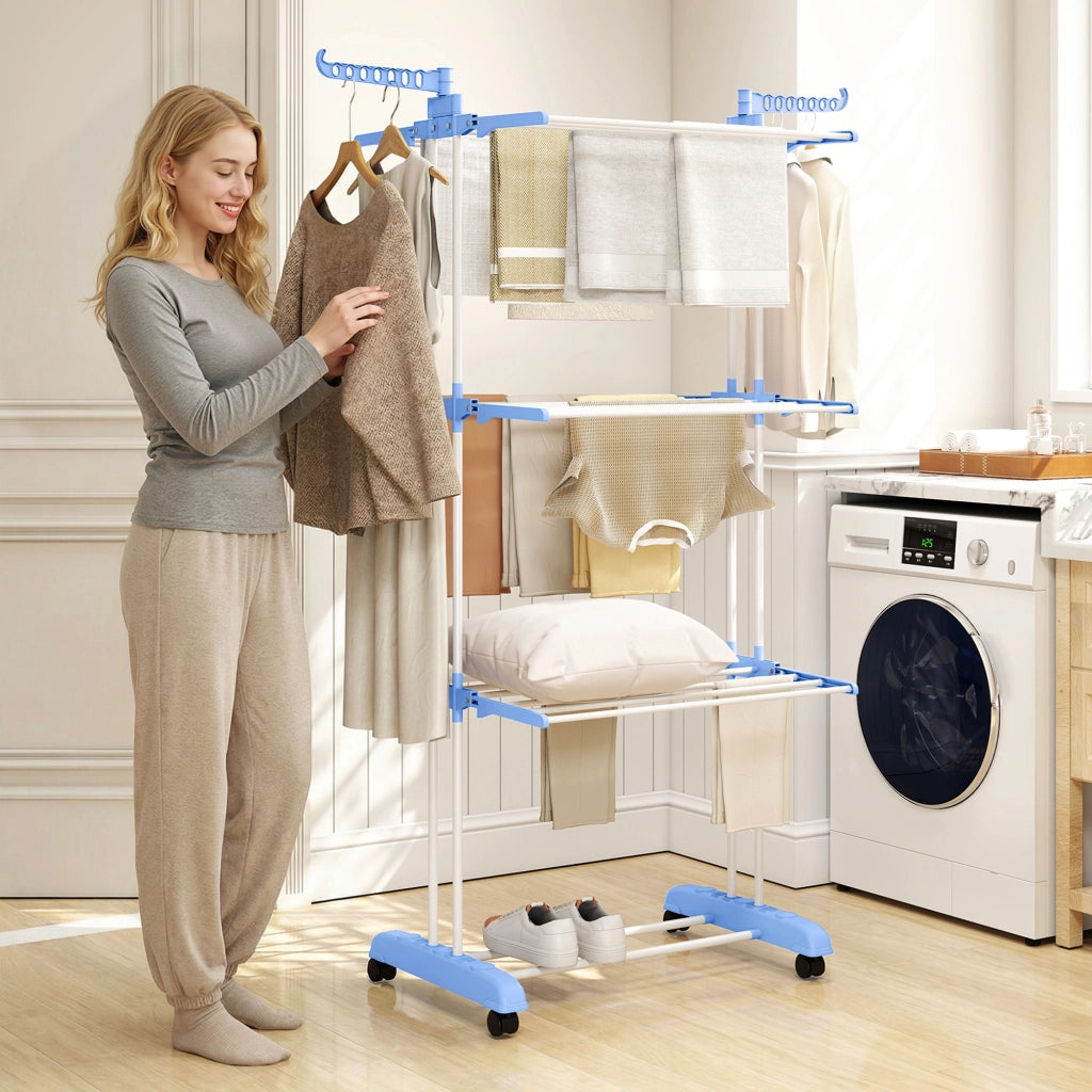 Stendibiancheria 4 Piani Pieghevole ¨C Zephmum ¨C Blu Bianco 73x64x177 cm