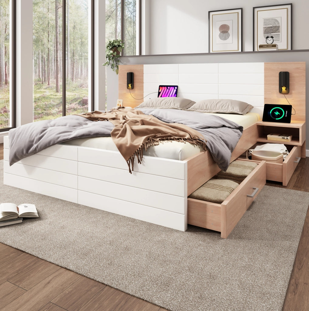Letto matrimoniale 140x200 cm in legno massiccio e MDF con 2 cassetti; luce da lettura; USB e materasso