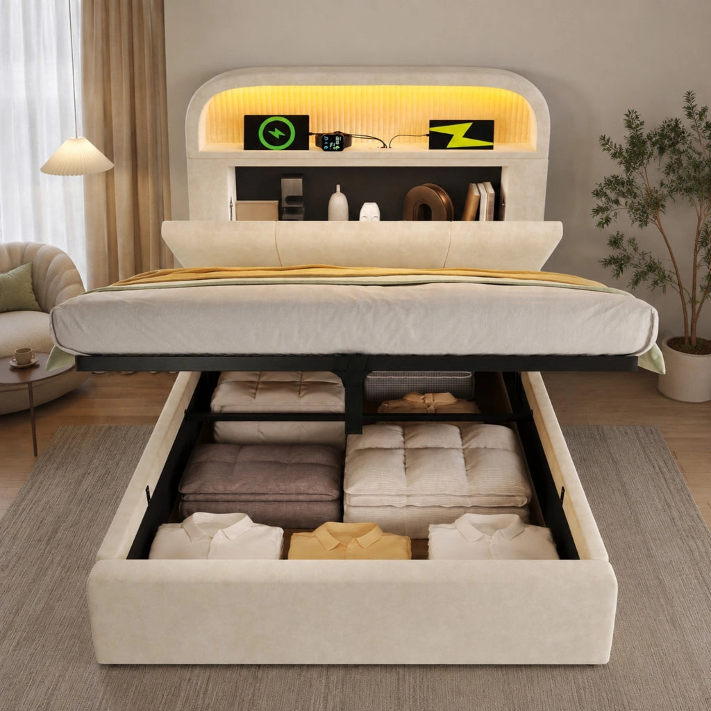 LETTO con testiera regolabile e portaoggetti 90x200 cm in velluto beige