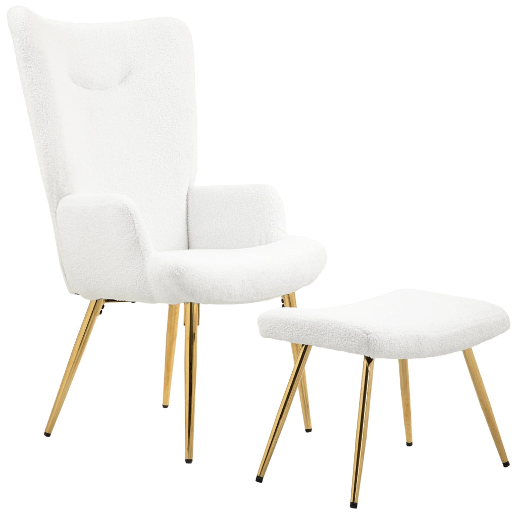 Poltrona con pouf ¨C Zephmum ¨C Bianco, Sherpa, metallo dorato