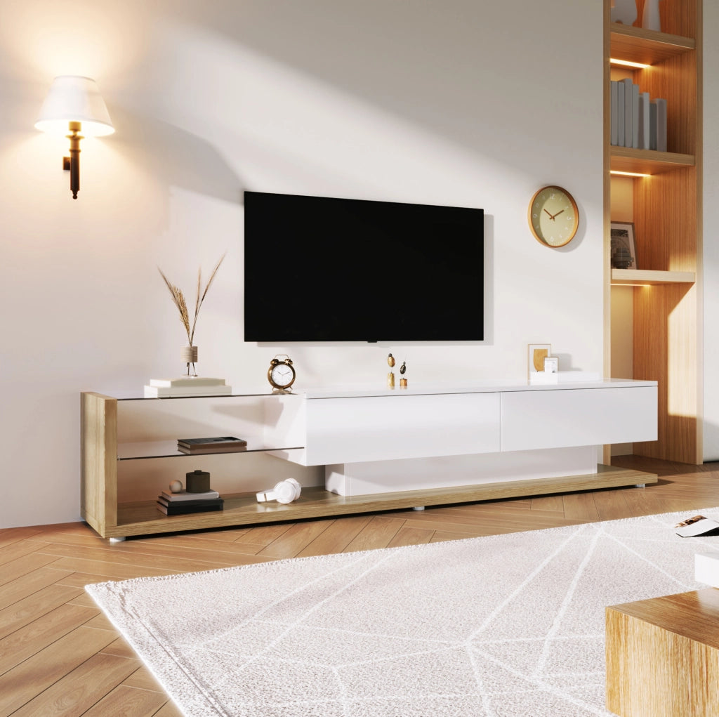 mobile TV basso 170 cm bianco lucido e legno con LED regolabile