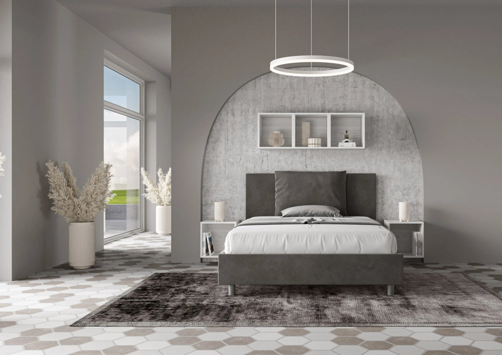 BS COM Letto una piazza e mezza con rete imbottito 130x210 microfibra grigio