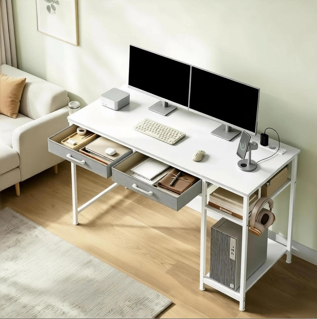 Scrivania ULEVR 120x51x75 cm con 2 cassetti in tessuto, ripiano laterale, prese USB e Type-C, bianca