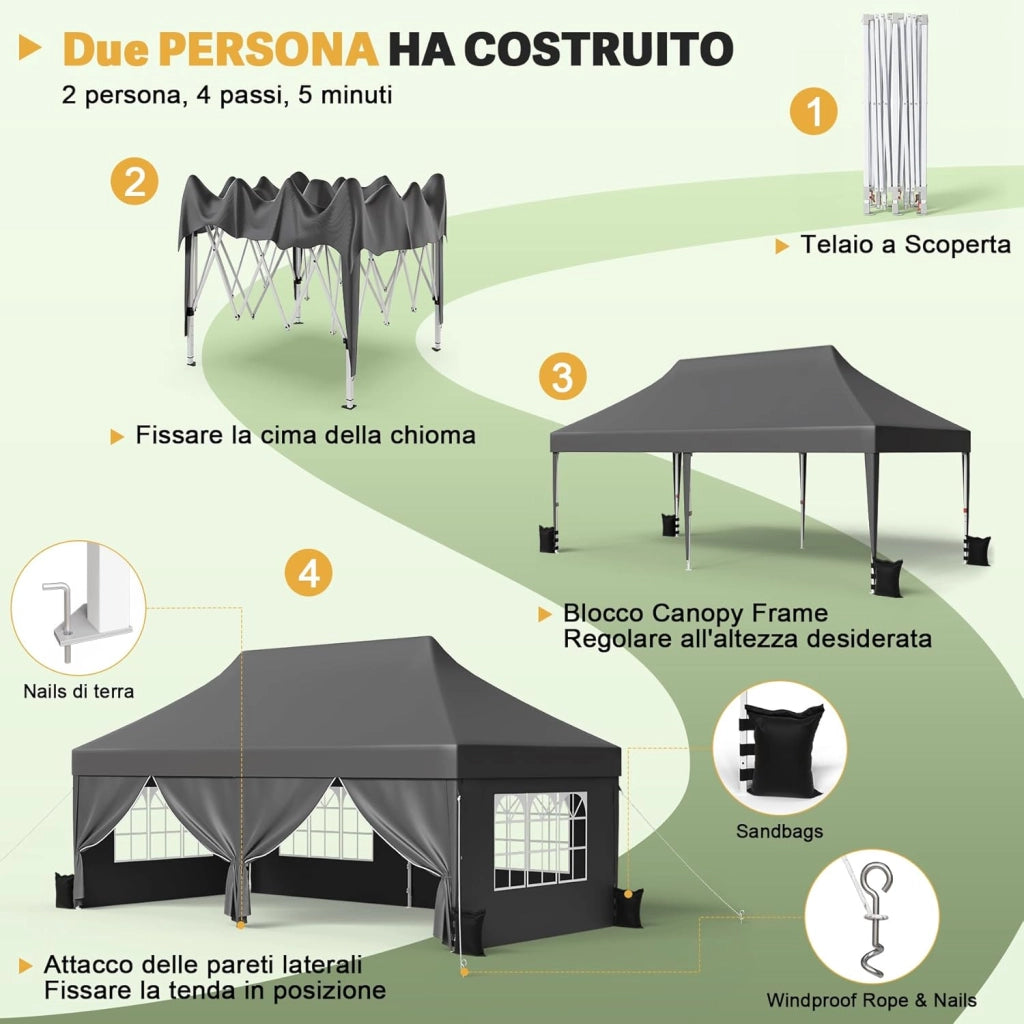 Gazebo 3x6 Pieghevole con Pareti Laterali, Gazebo con Altezza Regolabile, Telo in Tessuto Oxford Impermeabile, Tenda Robusta e Duratura per Matrimoni, Esterno, Giardini e Feste, Grigio