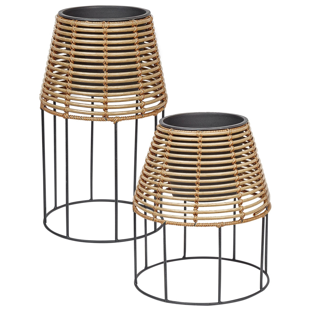 Set di 2 portavasi per piante marrone PE Rattan rotondo per interni e per esterni con inserto in plastica