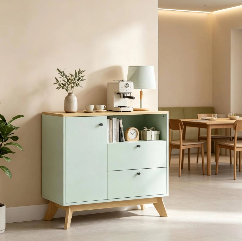 Credenza verde chiaro e rovere con 2 cassetti