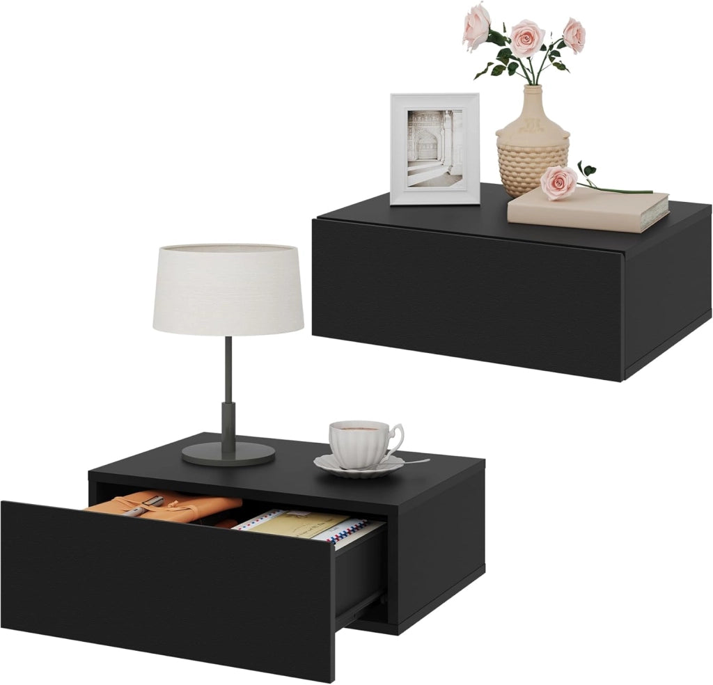 Set di 2 Comodini Sospesi con Cassetto, Comodini Galleggianti, 40x30x30 cm, Mobili per Camera da Letto in Legno, Salvaspazio, Moderno, Bianco