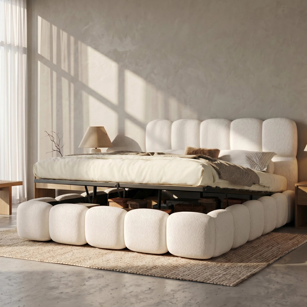 Letto imbottito 180 × 200 cm con contenitore idraulico e rete a doghe inclusa in bouclé bianco