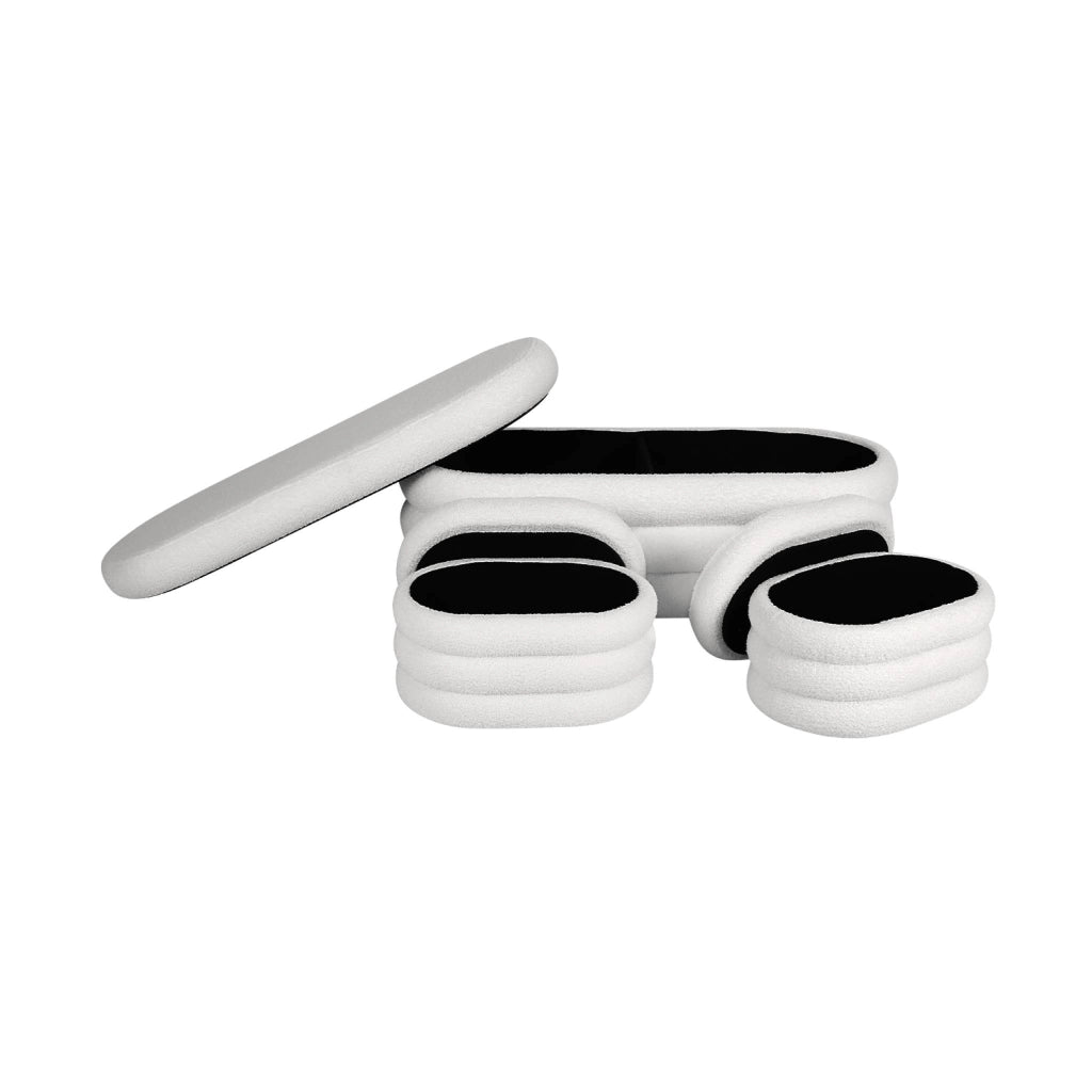 Panca contenitore con 2 pouf contenitori bouclé, bianco
