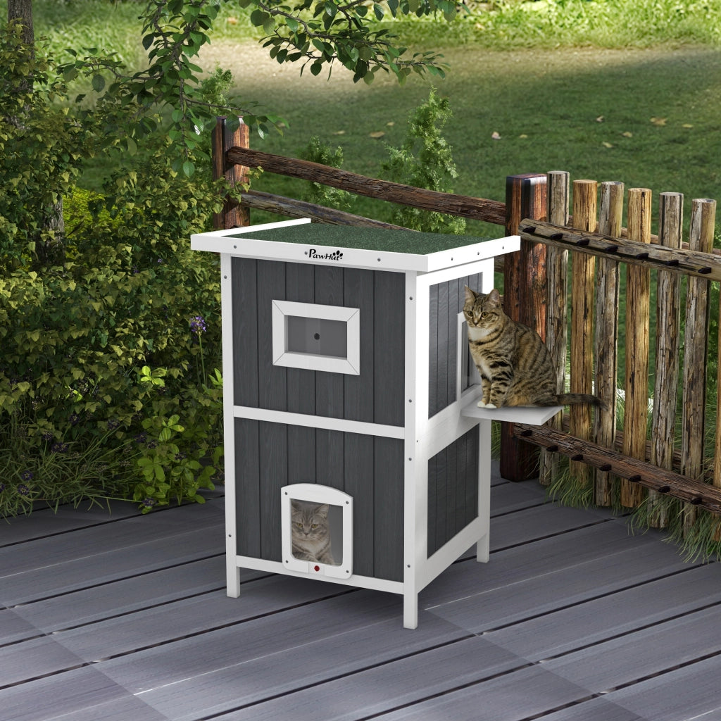 Cuccia per Gatti da Esterno in Legno a 2 Livelli con Tetto ¨C zephmum ¨C Grigio 60x60x90.5cm