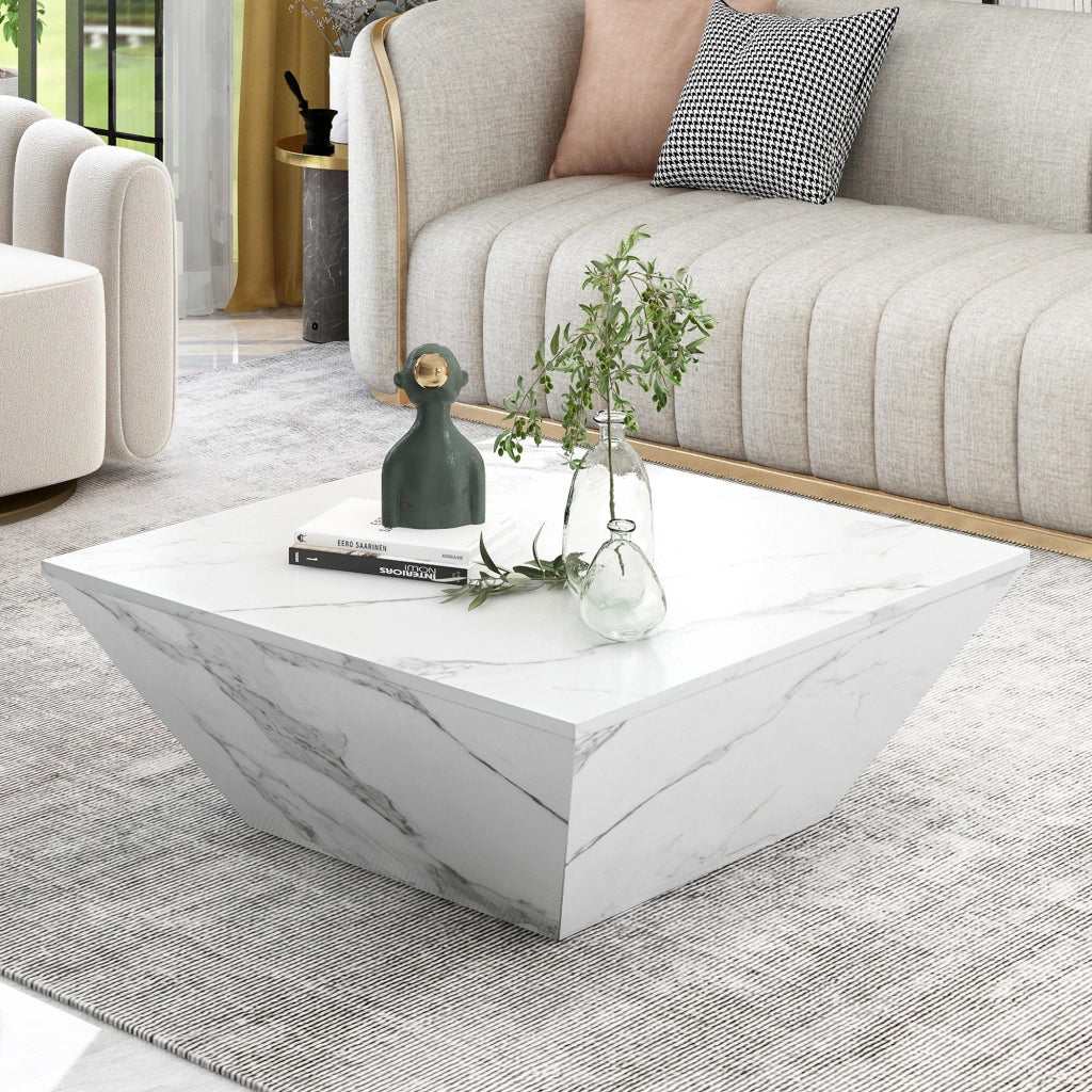TAVOLINO DA CAFFÈ trapezoidale 70x70x37 cm bianco in MDF effetto marmo, con 2 cassetti