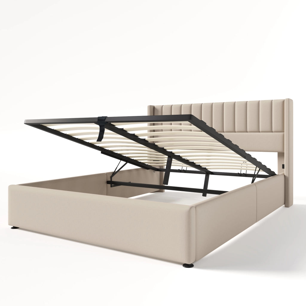 OKWISH Letto Contenitore 160×200 cm, Letto Matrimoniale con Contenitore Idraulico e Testiera Imbottita, senza Materasso, in Lino, Beige