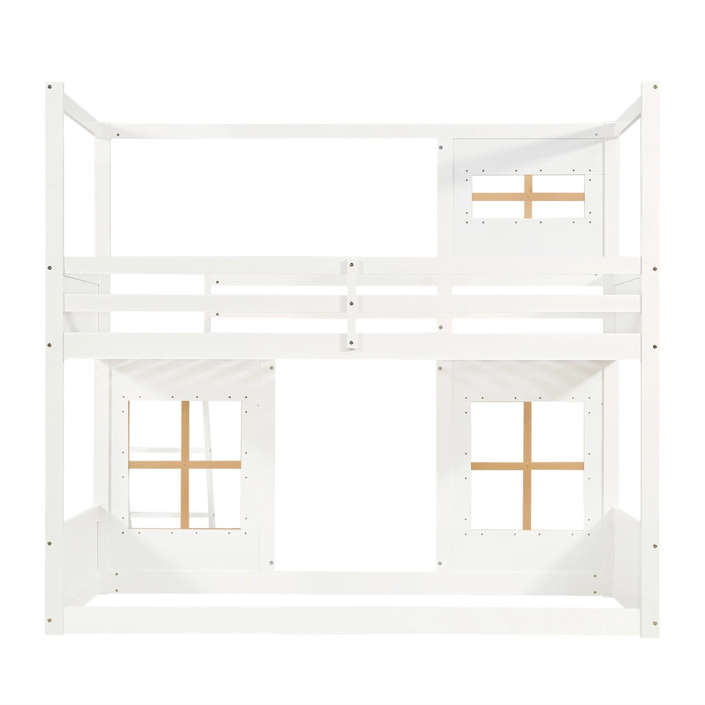 OKWISH Letto a Castello Bambini 90×200 cm, Letto Singolo con Finestre, Scala, Sponde su 4 Lati, senza Materasso, Bianco e Naturale