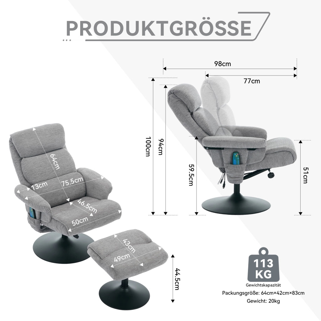 Poltrona Relax Massaggio - Zephmum - Riscaldamento Elettrico - 360¡ã Girevole - Grigio Chenille