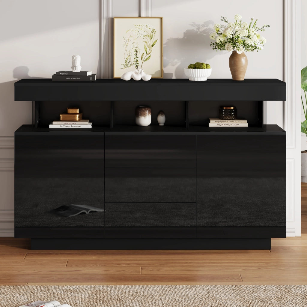 Credenza 140x35x80 cm con LED; 3 cassetti e vani aperti in truciolare e acrilico nero