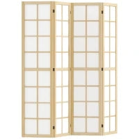 Paravento da Interno a 4 Pannelli Pieghevole in Legno e Tessuto, 160x170 cm, Colore Legno e Bianco
