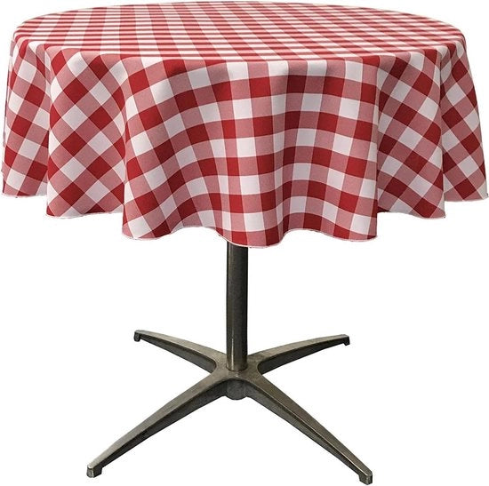 Tavolo con tovaglia a gingham in poliestere bianco e rosso, 51 pollici, forma rotonda - utilizzabile all'interno e all'esterno.