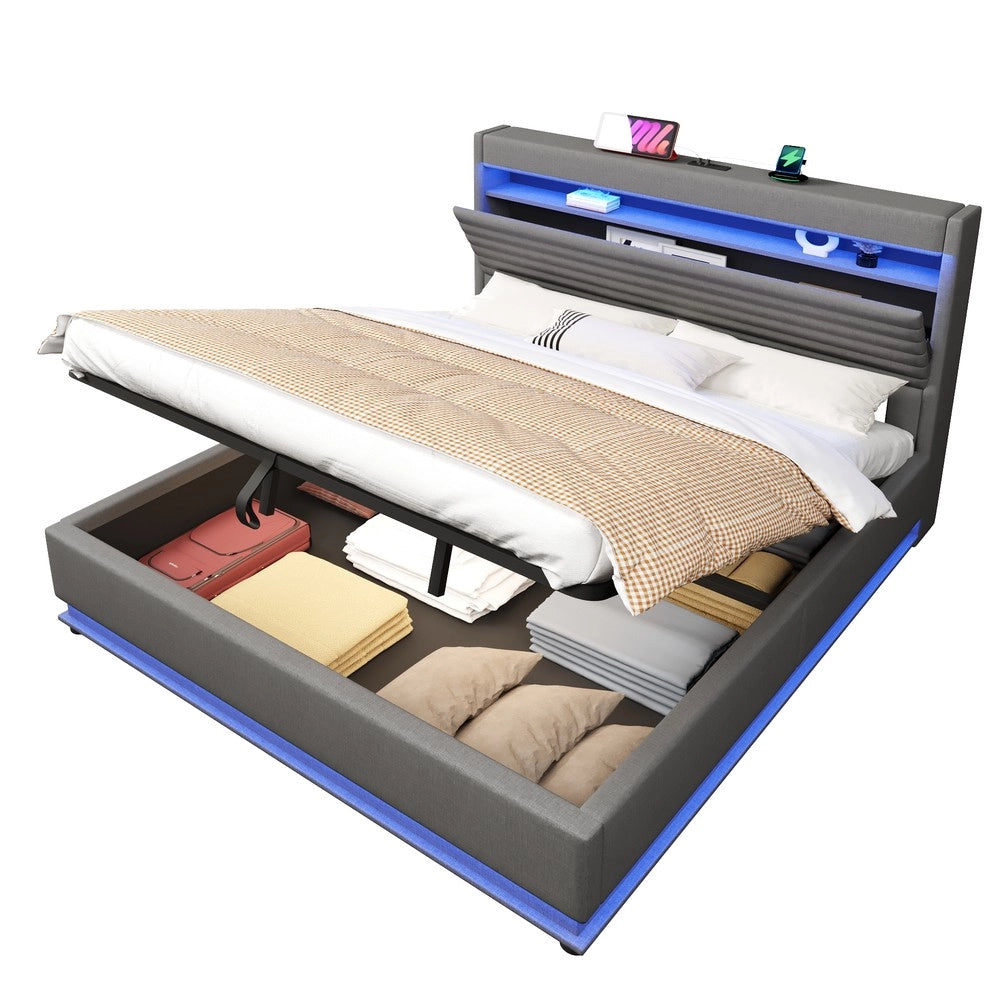 Letto Imbottito Contenitore con LED e USB ¨C MINIMAL ¨C Tessuto Grigio 180x200