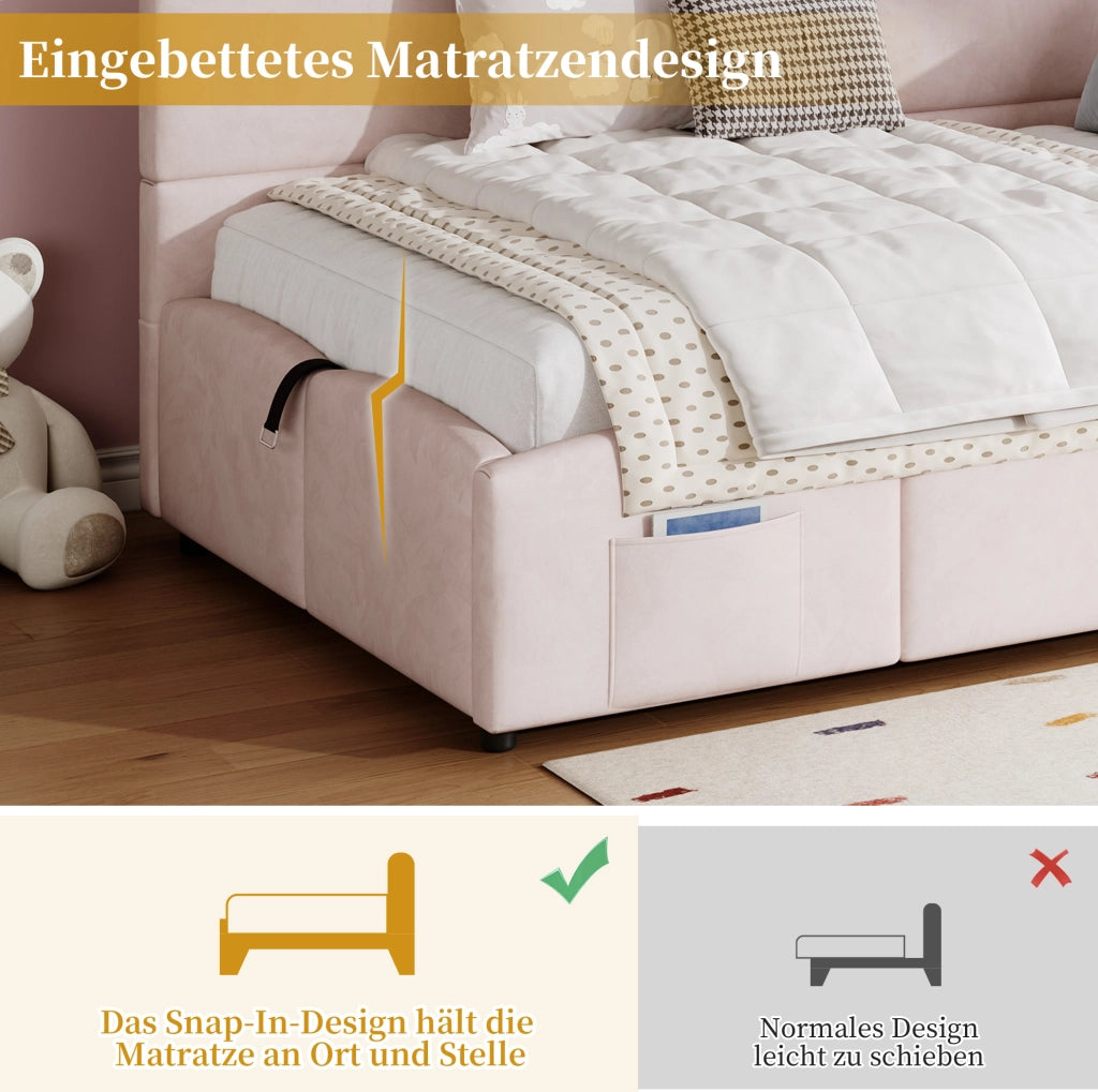 Letto singolo contenitore in velluto rosa 90 x 200 cm con USB