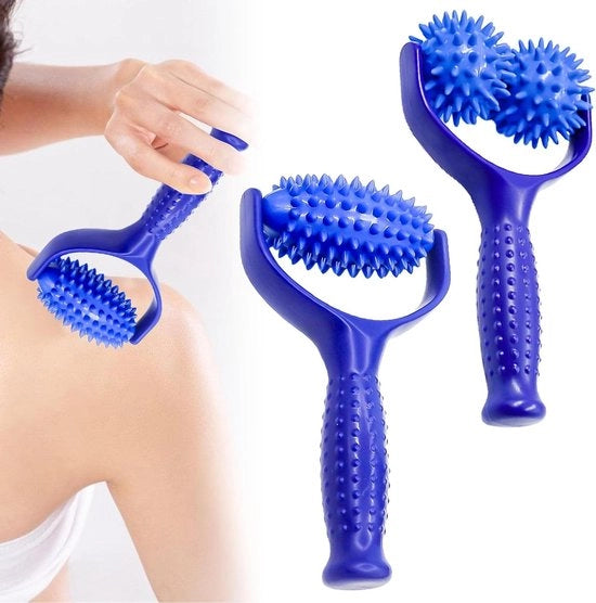 2 Set di Massaggiatori a Rulli per la Relaxazione di Piedi e Schiena - Blu, con Manico e Sfera di Gomma - Palline di Massaggio per Gambe, Braccia e Spalle - Piccola Rola per la Fascia contro il Dolore Muscolare