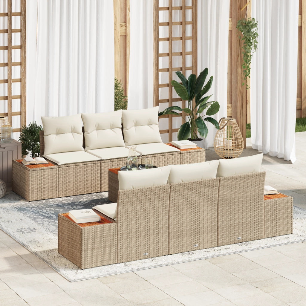 Set divani giardino 7 pezzi con cuscini beige in polyrattan e acacia