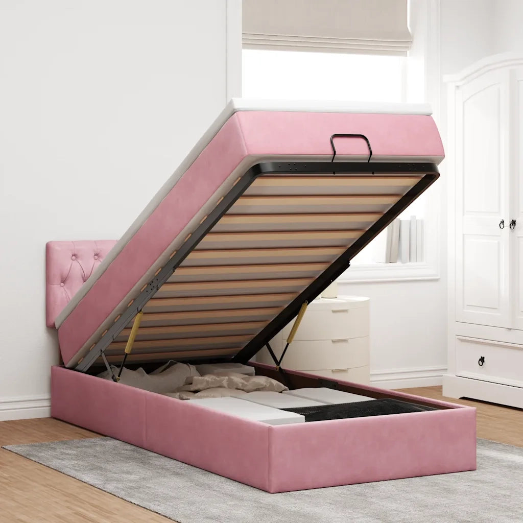 Struttura Letto Pouf con Materasso Rosa 90x190 cm in Velluto 3311818